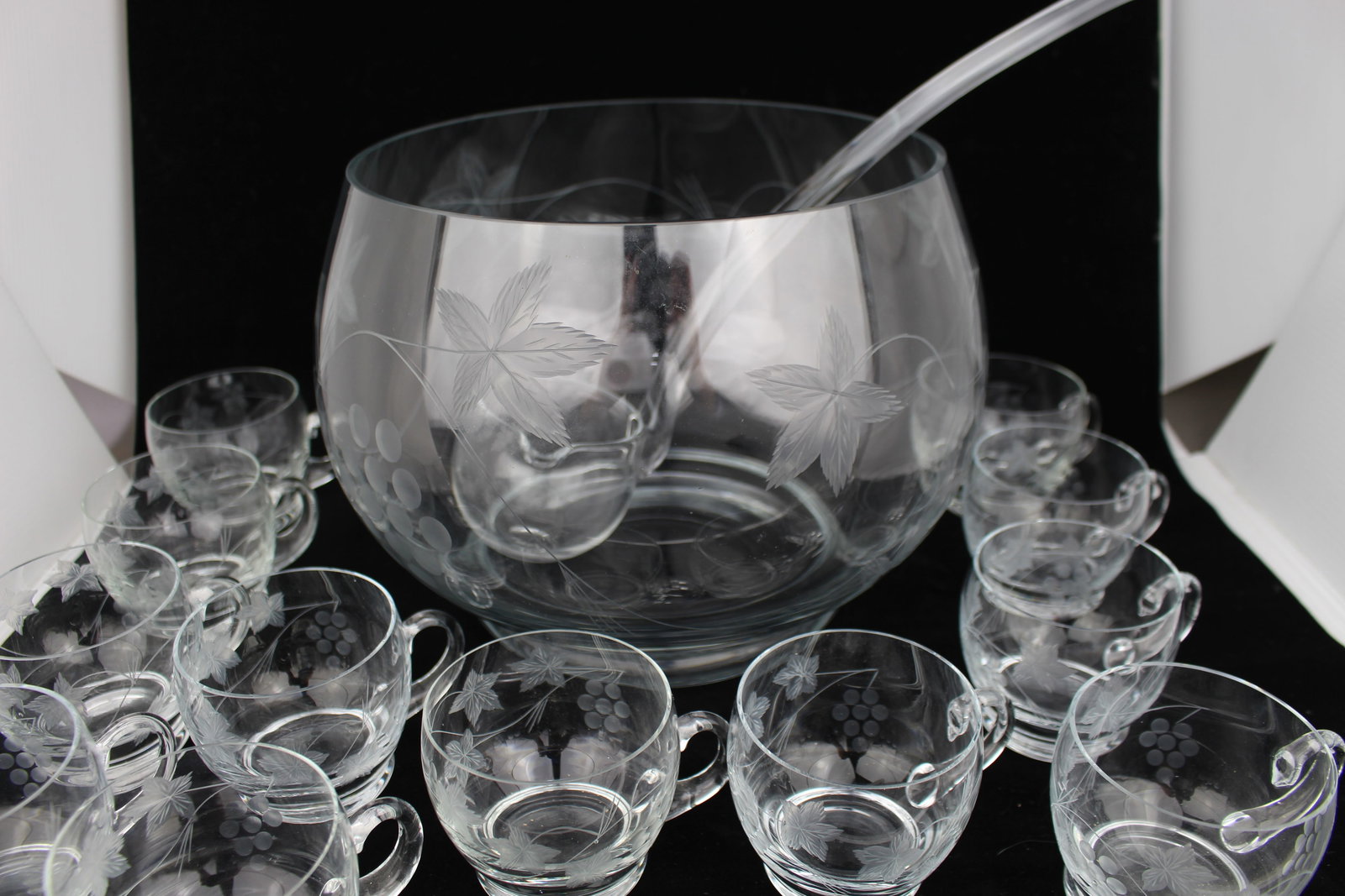 Vintage Etched Crystal Punch Bowl, Ladle & 12 Glasses - 4