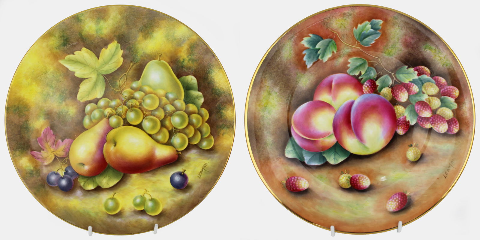 Pair of Leaman Hand Painted Fruit Cabinet Plates: Title: Pair of Leaman Hand Painted Fruit Cabinet Plates Description: Pair of Leaman Hand Painted Fruit Cabinet Plates. Both plates measure 27 cm in diamater. Very good condition; no chips,