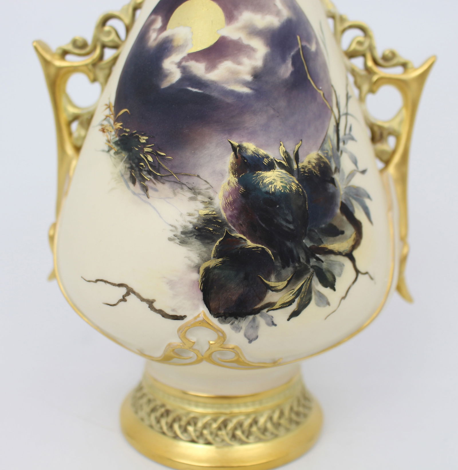 Royal Worcester Blush Ivory Vase with Moonlit Bird Scene, Dated 1887 — Damaged - 2