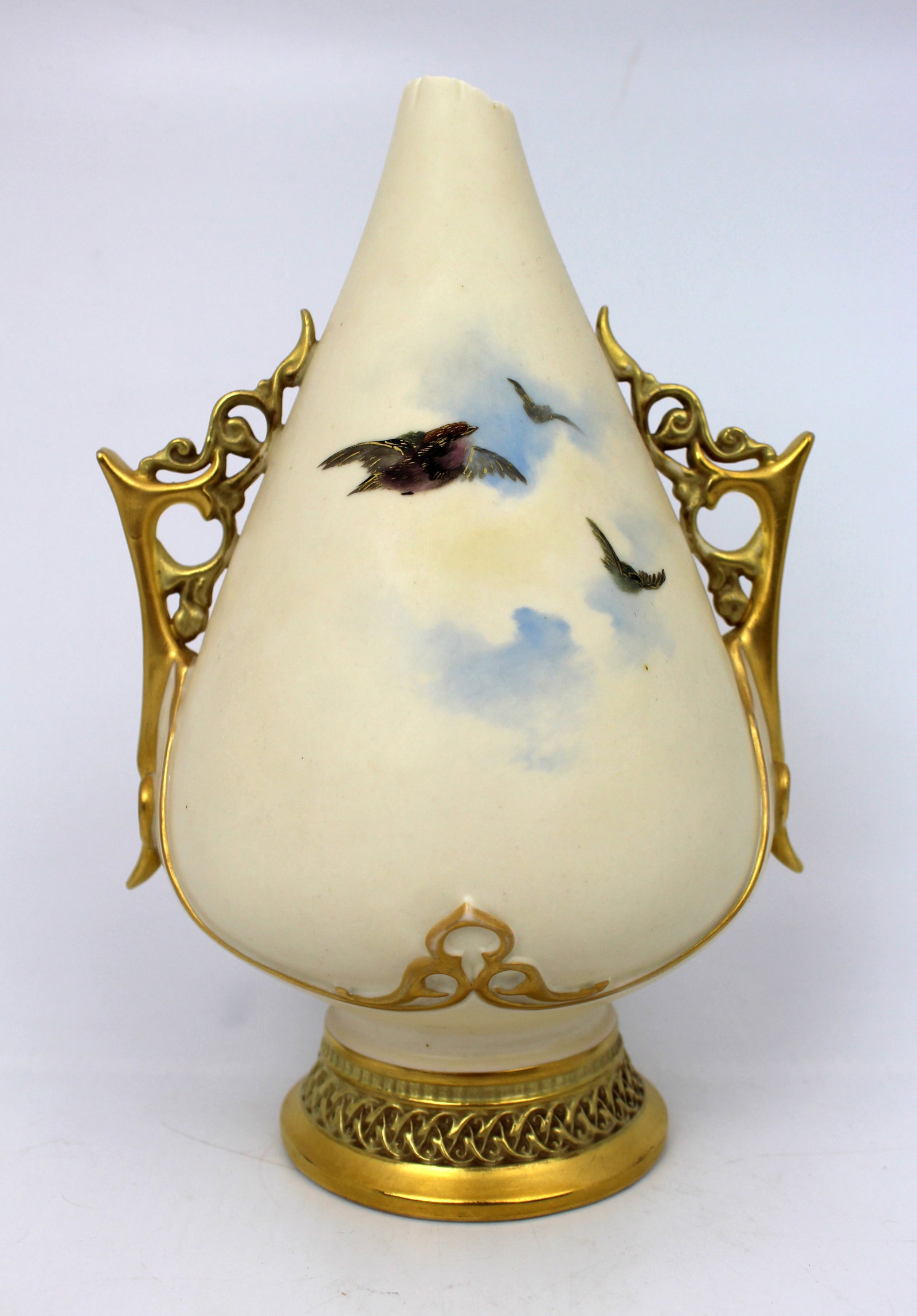 Royal Worcester Blush Ivory Vase with Moonlit Bird Scene, Dated 1887 — Damaged - 4
