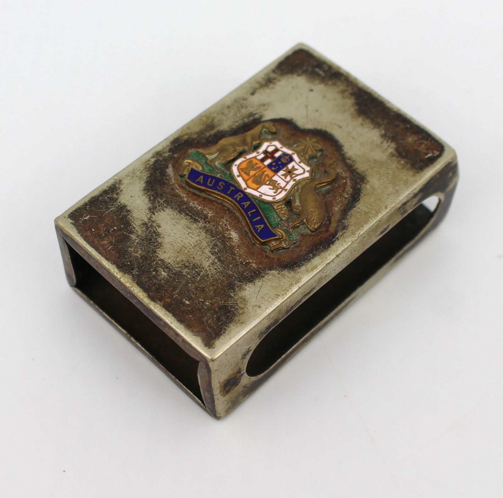 Enamel Australia Silver Plated Match Box Holder: Title: Enamel Australia Silver Plated Match Box Holder Description: Vintage Enamel and Silver-Plated Australian Matchbox Holder A charming vintage matchbox holder, beautifully detailed with