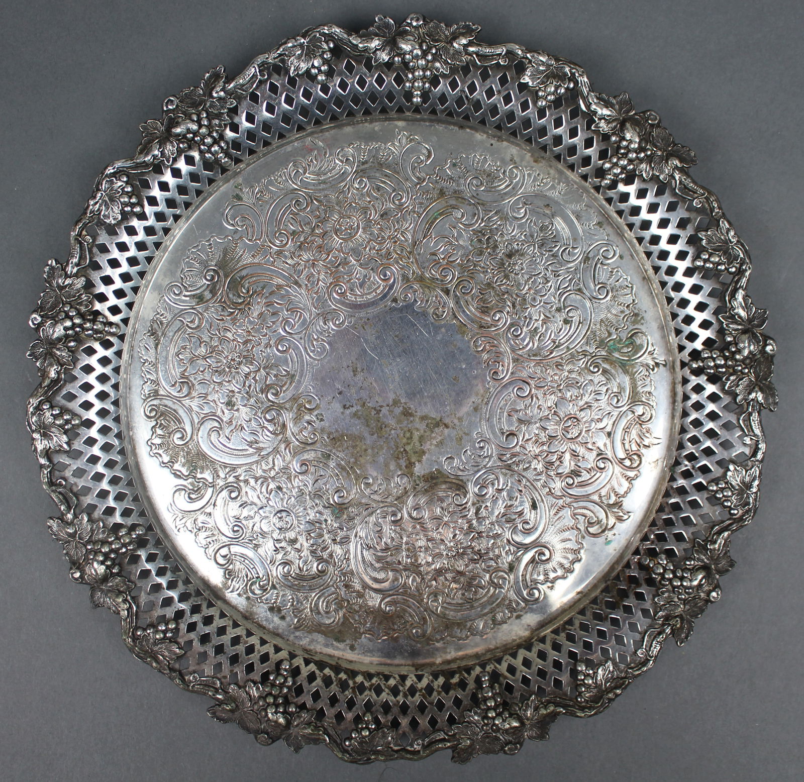 Antique Ornate Silver Plated Pierced Rim Tray c.1900 (1 of 3)