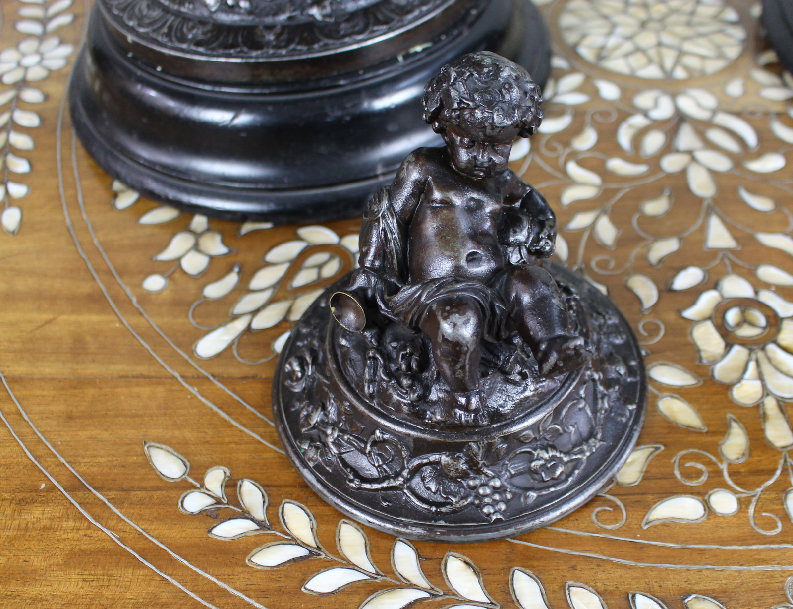 Pair of French Bronzed Spelter Urns with Bacchic Masks and Putti, Circa 1880 - 8
