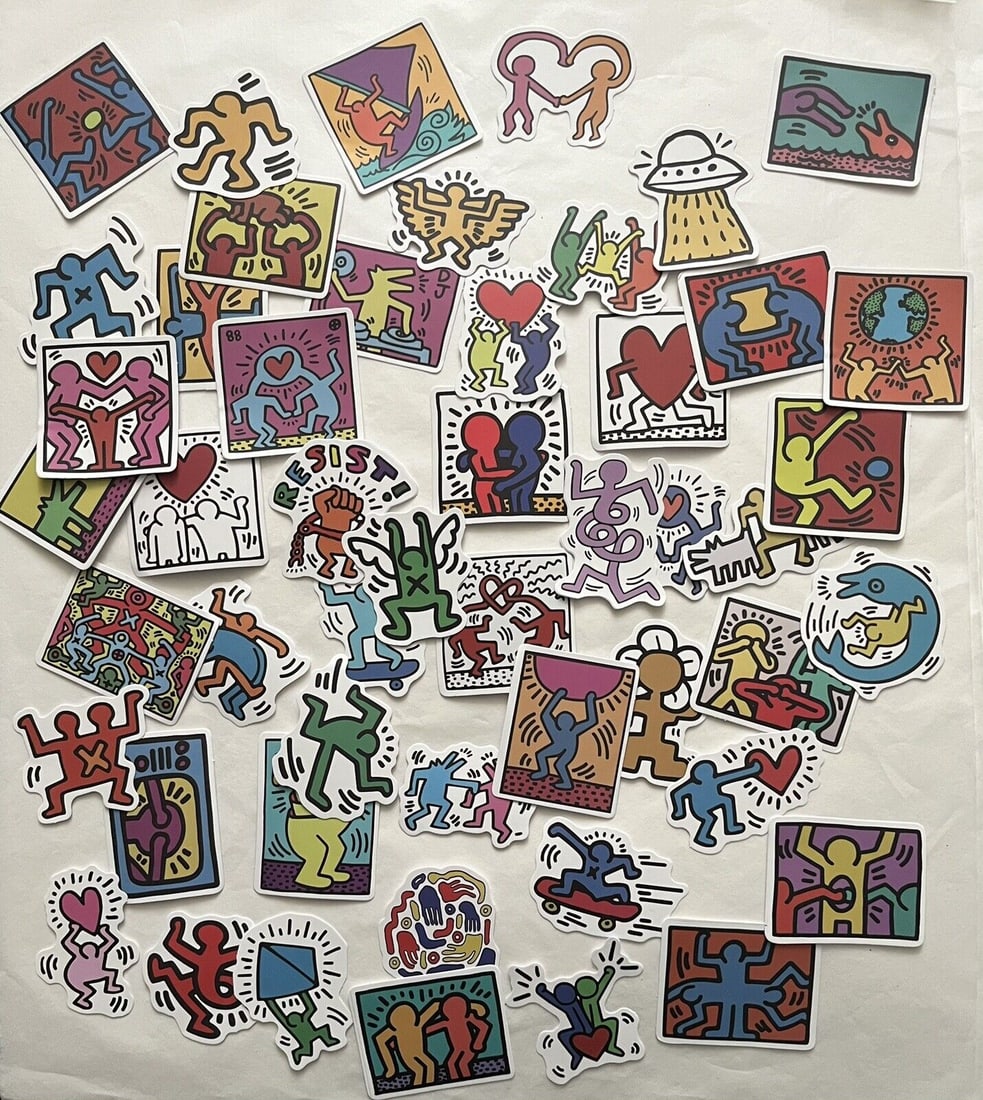 Keith Haring (1958-1990) 25 Piece Sticker Set, AV Size 5 x 5 cm Inc Family Hug, Disco Dino, 2020: Title: Keith Haring (1958-1990) 25 Piece Sticker Set, AV Size 5 x 5 cm Inc Family Hug, Disco Dino, 2020 Description: KEITH HARING (1958-1990) 25 Piece sticker set, av size 5 x 5 cm inc family Hug,