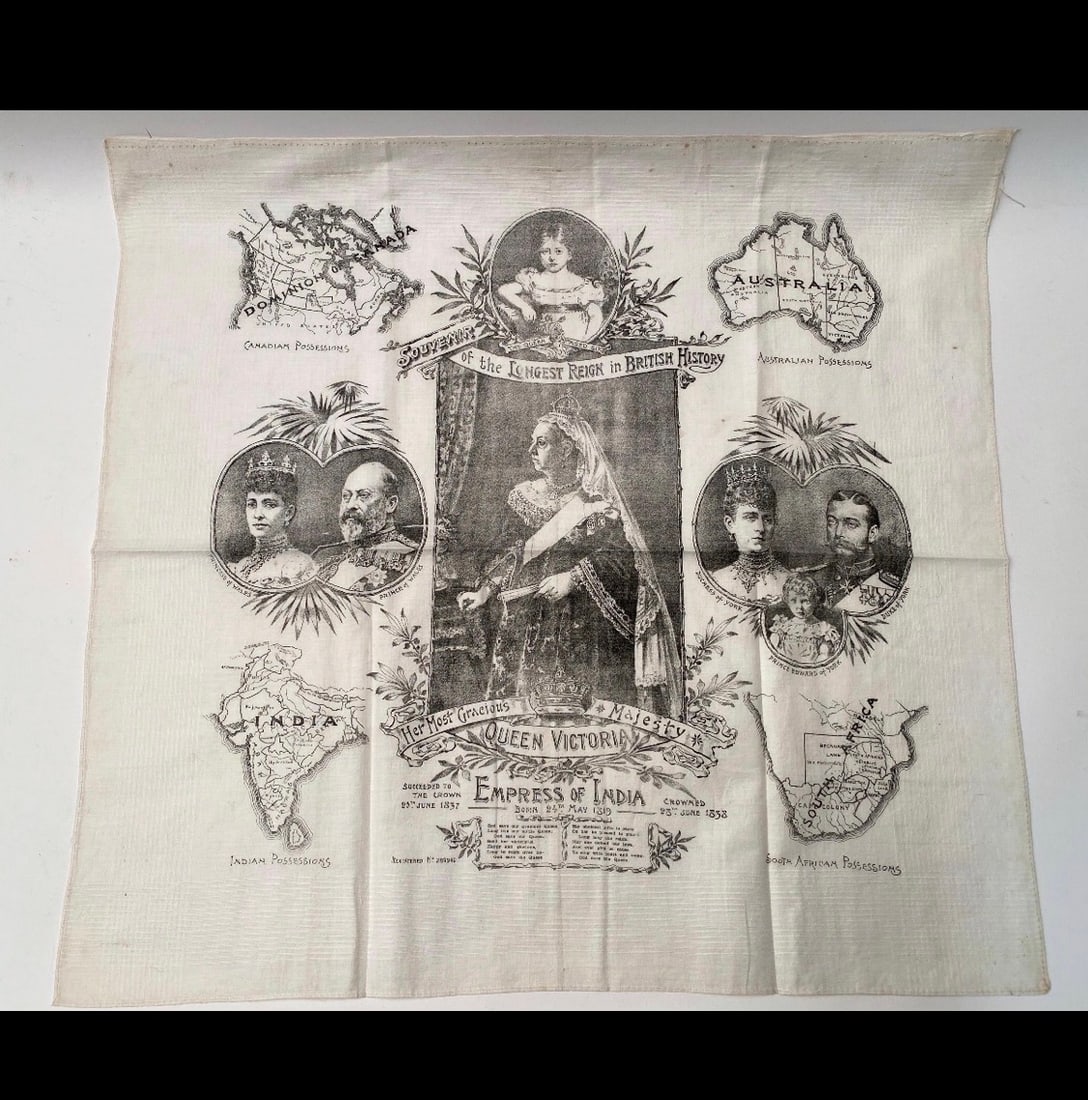 Queen Victoria ”Longest Reign” Commemorative Scarf, Printed On A Large Cotton Sugared: Title: Queen Victoria ”Longest Reign” Commemorative Scarf, Printed On A Large Cotton Sugared Description: Queen Victoria “Longest REIGN” Commemorative Scarf, printed onto a