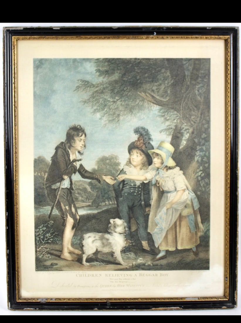 18th Century Stipple Engraving “Children Relieving A Beggar Boy”: Title: 18th Century Stipple Engraving “Children Relieving A Beggar Boy” Description: Painted by Sir William Beechey Engraved by Charles Wilkin (c. 1750-1814) after Sir William Beechey