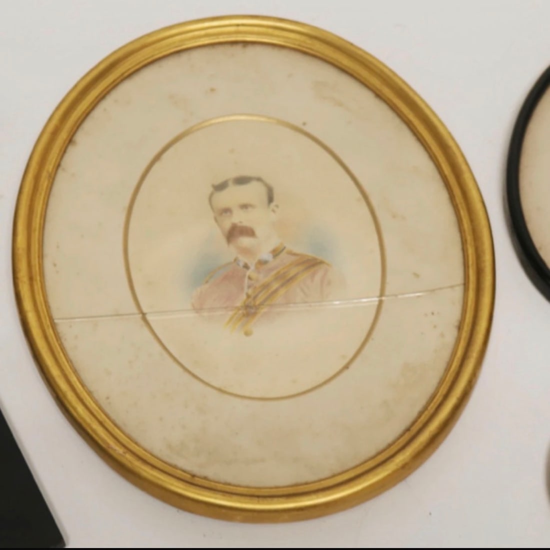 19th Century, Portrait of A Military Officer: Title: 19th Century, Portrait of A Military Officer Description: Uniform with medals Late 19th century 28.5 x23 cm Glass is cracked Oval gold frame Delivery charge - £5