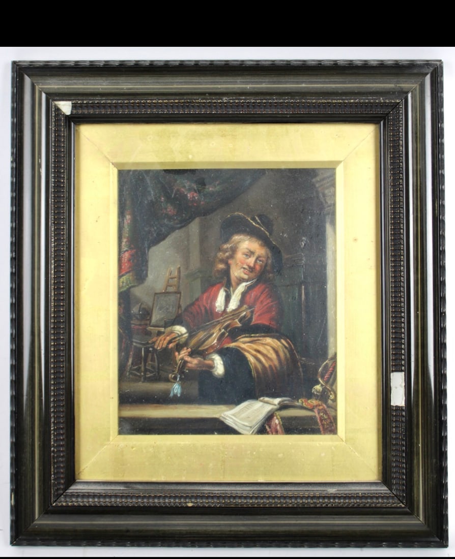 Continental, Late 18th Century Oil On Board: Title: Continental, Late 18th Century Oil On Board Description: Oil on board of a Musician Continental, late 19th century Framed Size W 32 x H 35 cm Attributed to the “ Manner