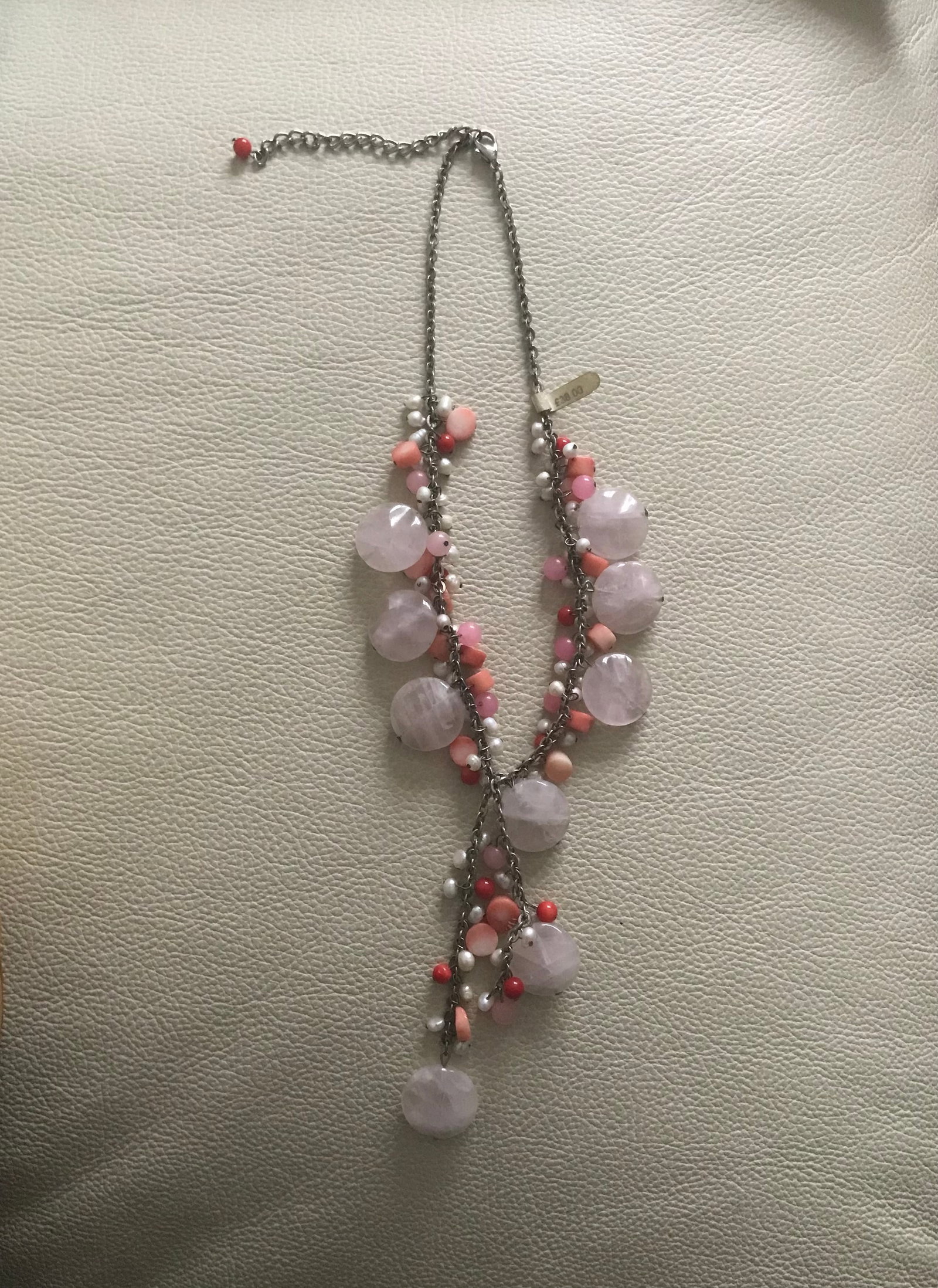 Butler & Wilson Rose Quartz, Pearl and Coral Bead Necklace: Title: Butler & Wilson Rose Quartz, Pearl and Coral Bead Necklace Description: Statement necklace set with precious stones. Extender chain so can be worn at various lengths.