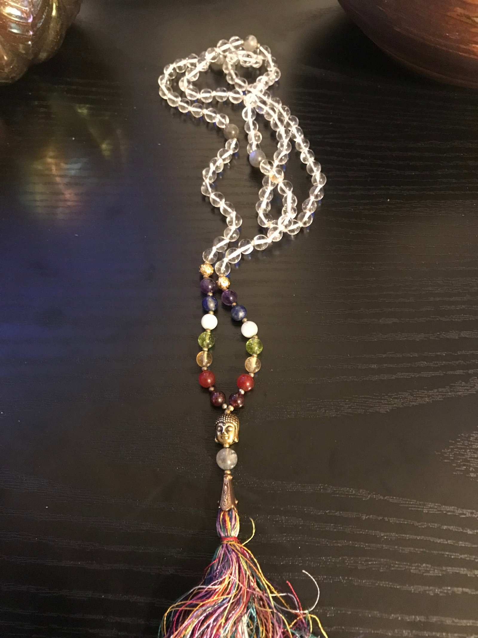 Clear Quartz Long Bead Necklace With Buddha Charm and Tassle - 2