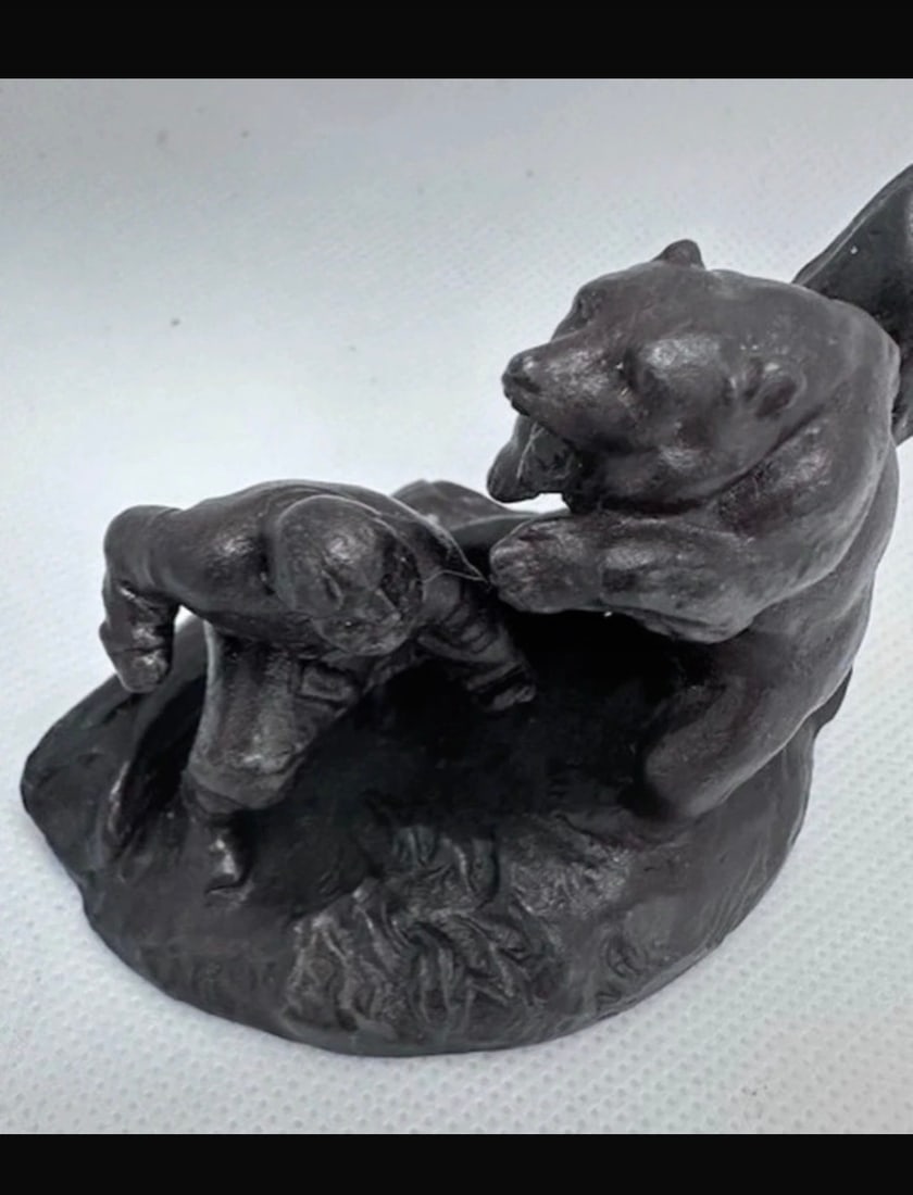 Vintage Bronze Bear & Hunter Figurine - 2