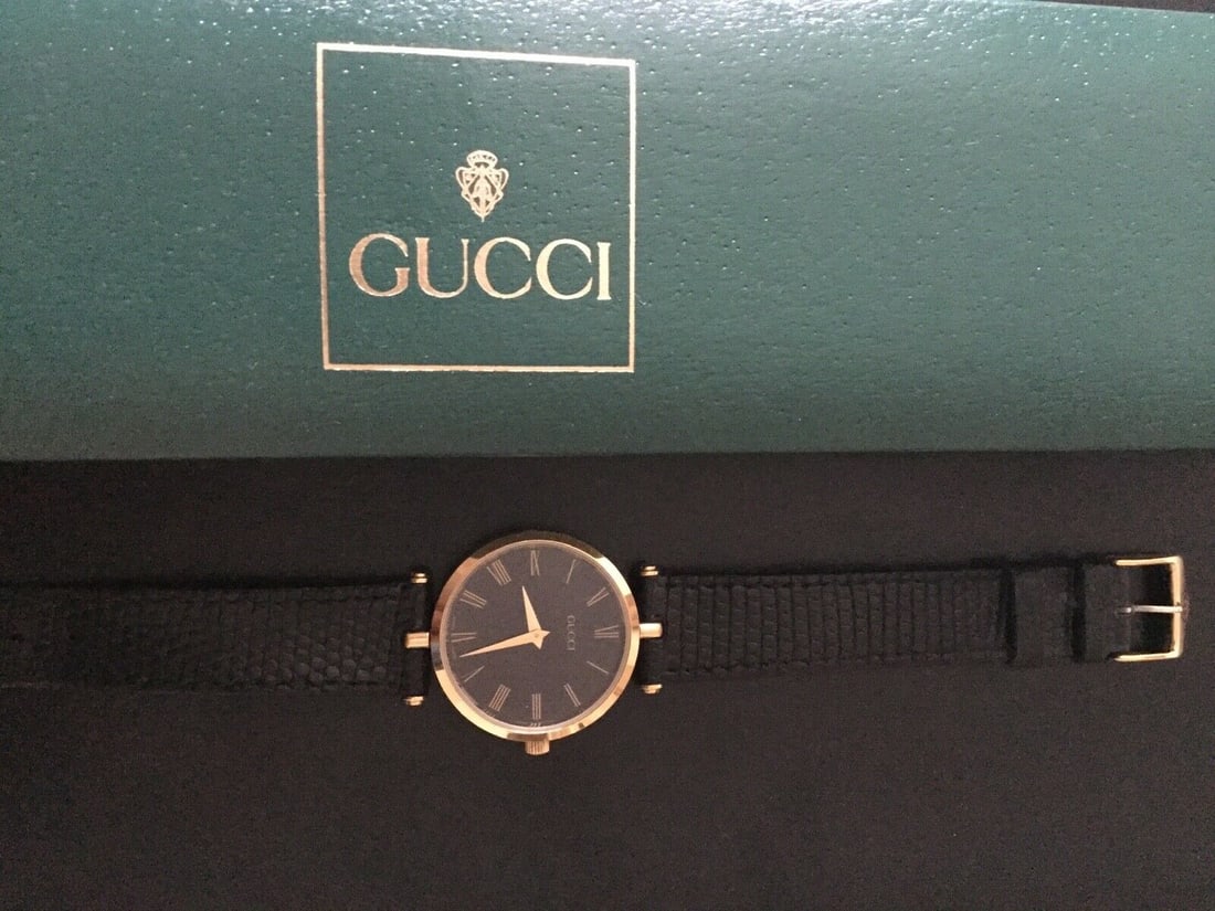 Gucci 2000M Stack Watch Gold Plated & Enamel Gucci Black Leather Strap Boxed - 2