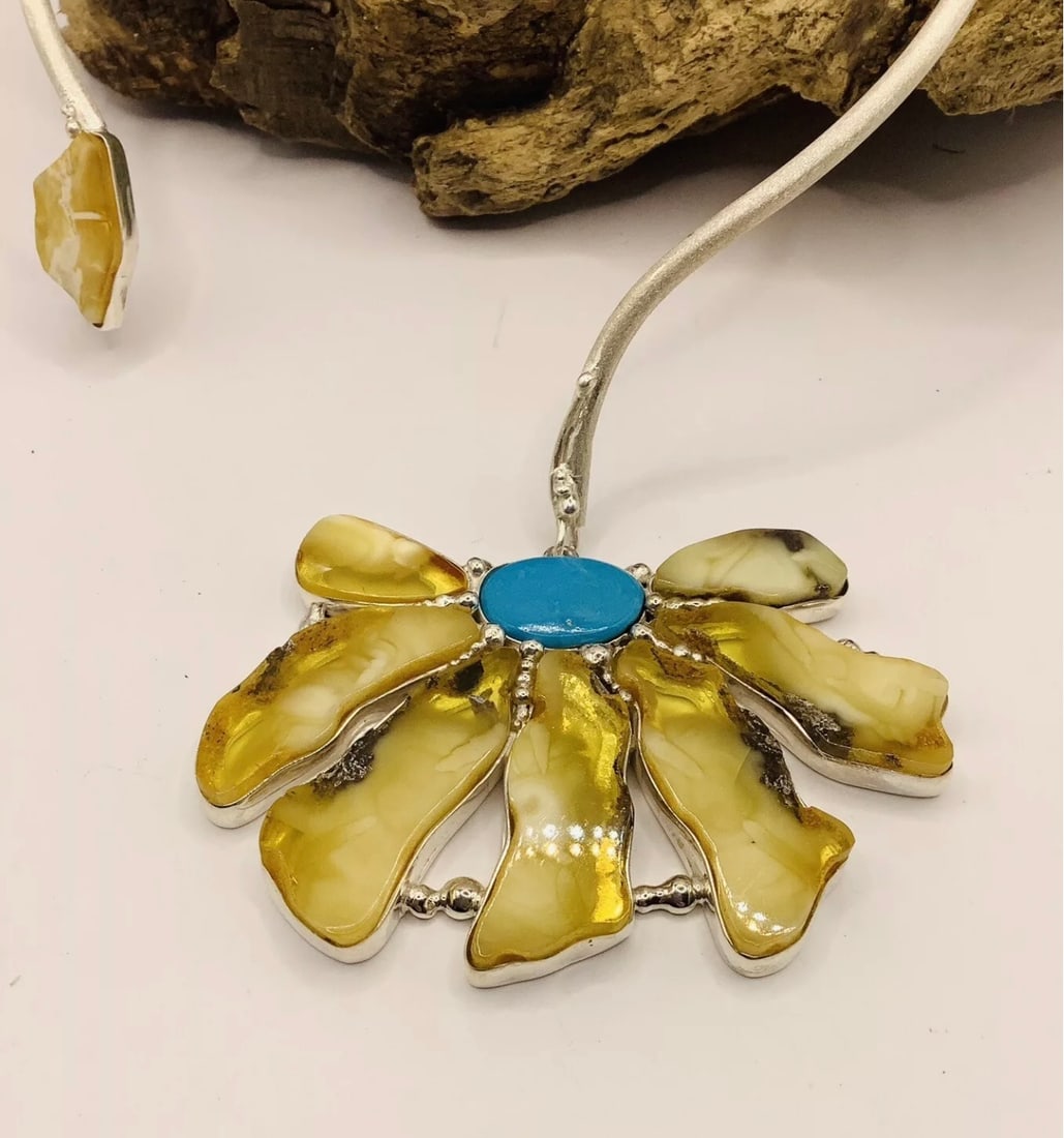 Artisan Bespoke Unique 925 Silver Amber Turquoise Flower Pendant Torque Necklace - 2