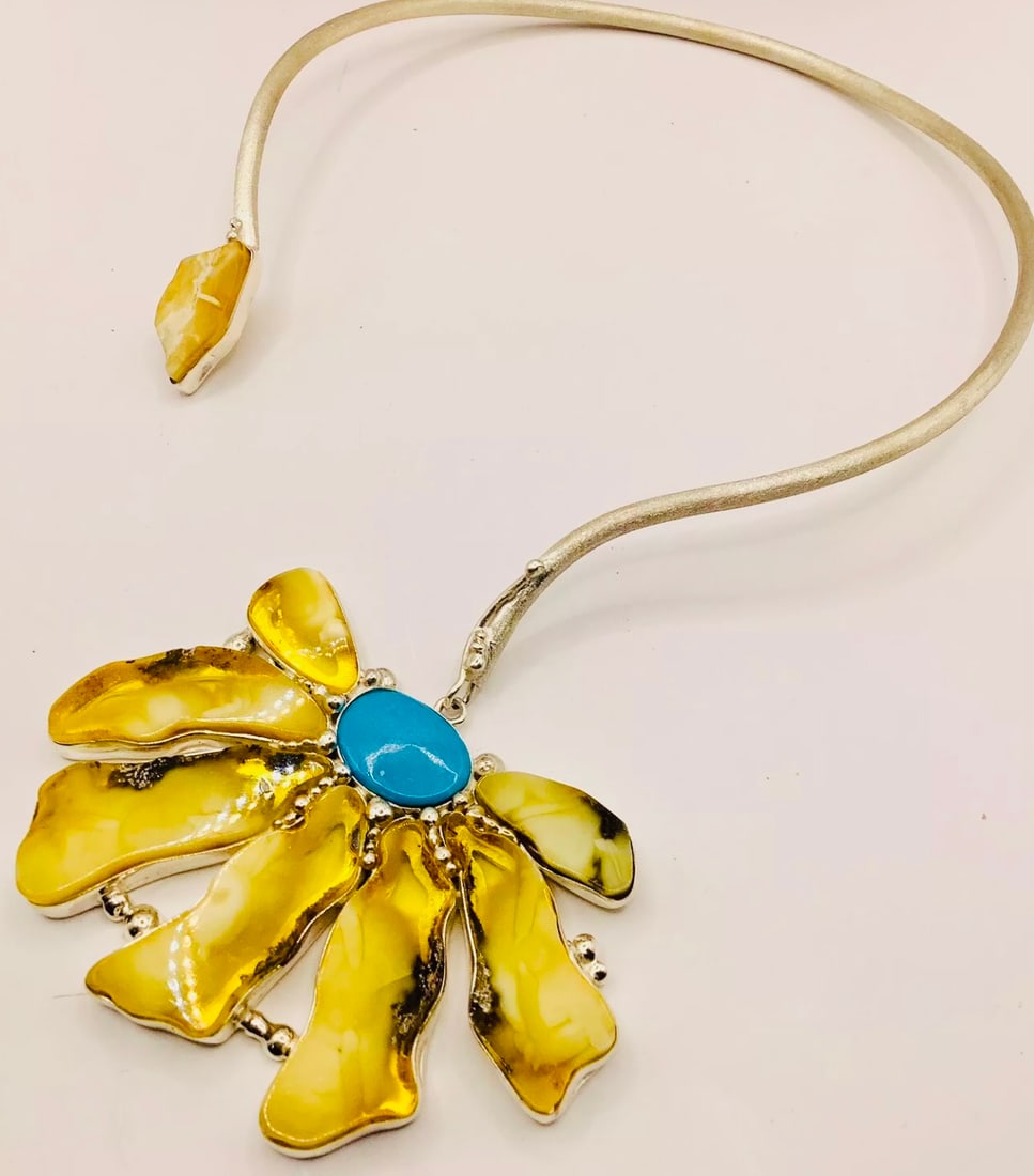 Artisan Bespoke Unique 925 Silver Amber Turquoise Flower Pendant Torque Necklace - 3