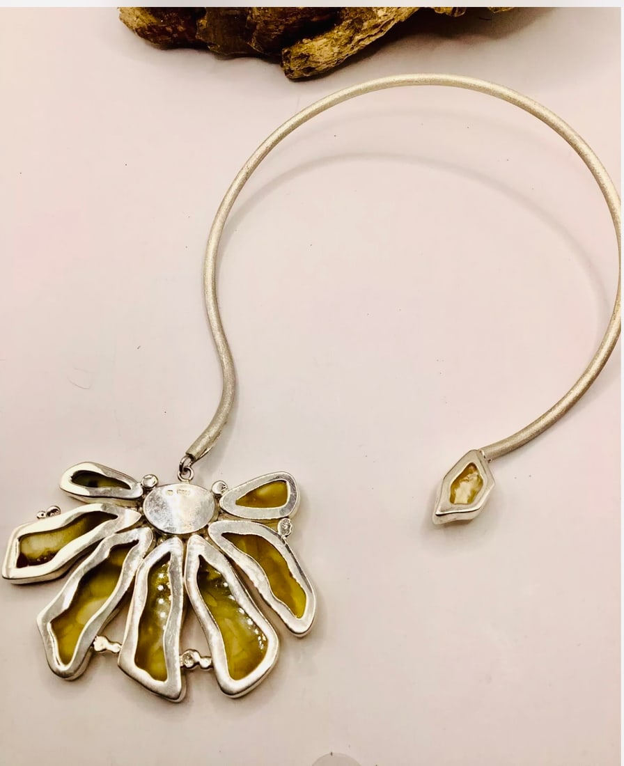 Artisan Bespoke Unique 925 Silver Amber Turquoise Flower Pendant Torque Necklace - 4