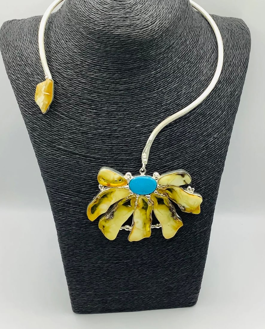 Artisan Bespoke Unique 925 Silver Amber Turquoise Flower Pendant Torque Necklace - 5