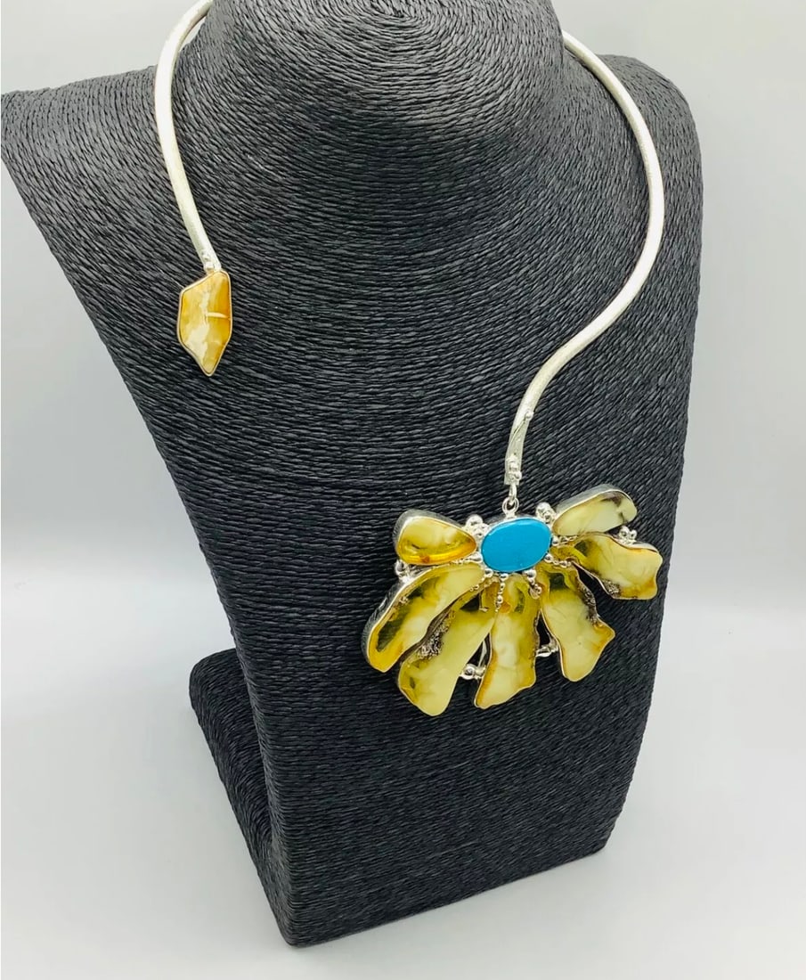 Artisan Bespoke Unique 925 Silver Amber Turquoise Flower Pendant Torque Necklace - 6