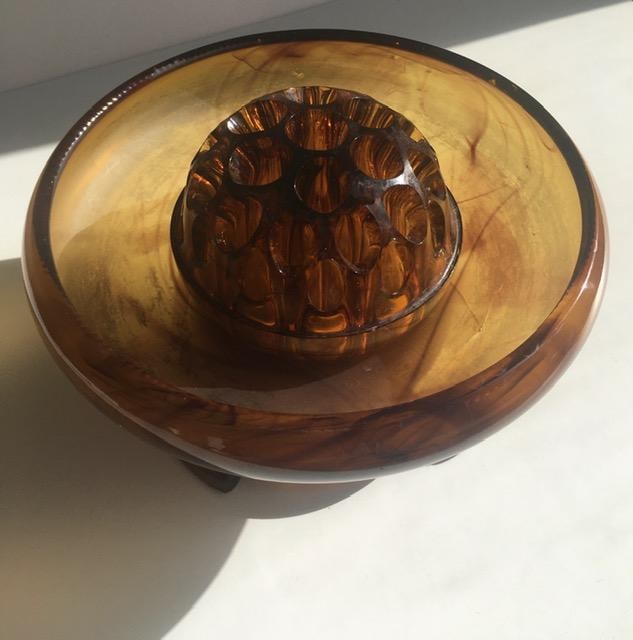 Davidson, Art Deco Cloud Glass Trio In Amber, Posey Bowl, Pedestal & Frog, Circa 1930 No2 - 2