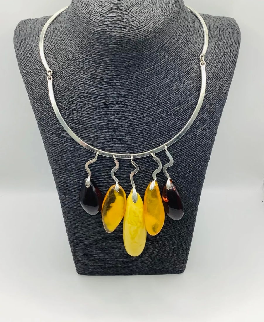 Luxury Artisan Bespoke Unique 925 Silver Amber Pendant Collar Necklace - 2