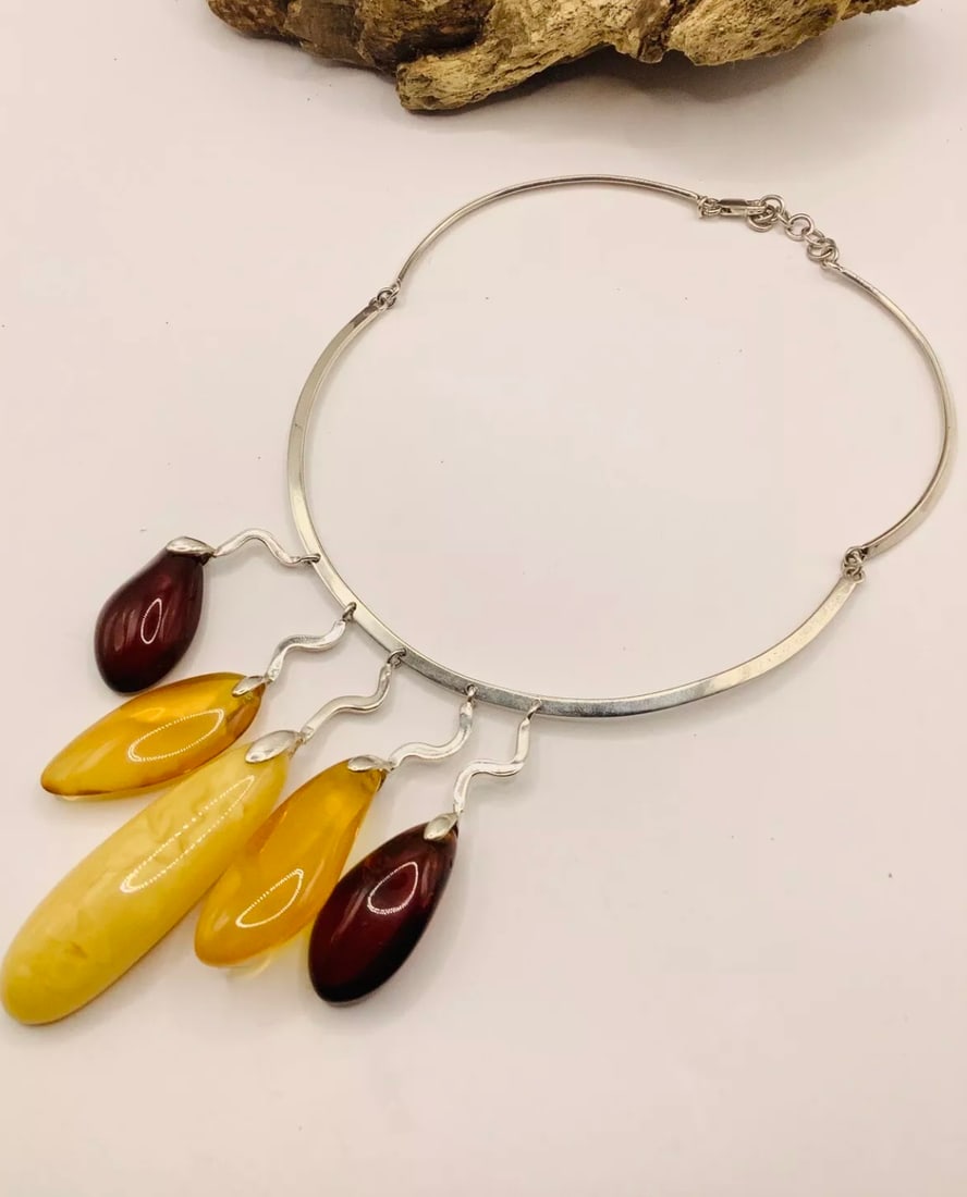 Luxury Artisan Bespoke Unique 925 Silver Amber Pendant Collar Necklace - 3