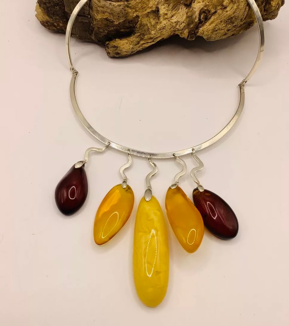 Luxury Artisan Bespoke Unique 925 Silver Amber Pendant Collar Necklace - 4