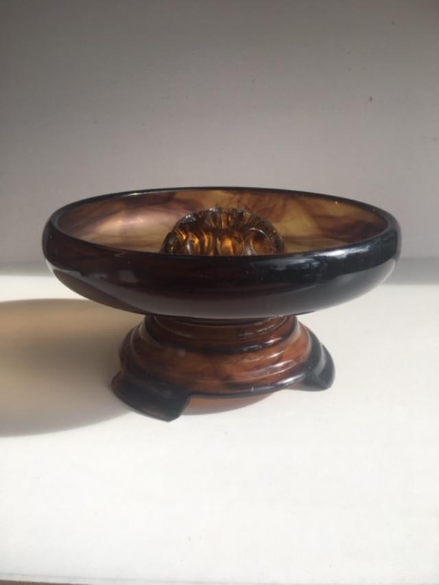 Davidson, Art Deco Cloud Glass Trio In Amber, Posey Bowl, Pedestal & Frog, Circa 1930 - 11