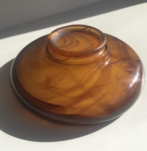 Davidson, Art Deco Cloud Glass Trio In Amber, Posey Bowl, Pedestal & Frog, Circa 1930 - 15