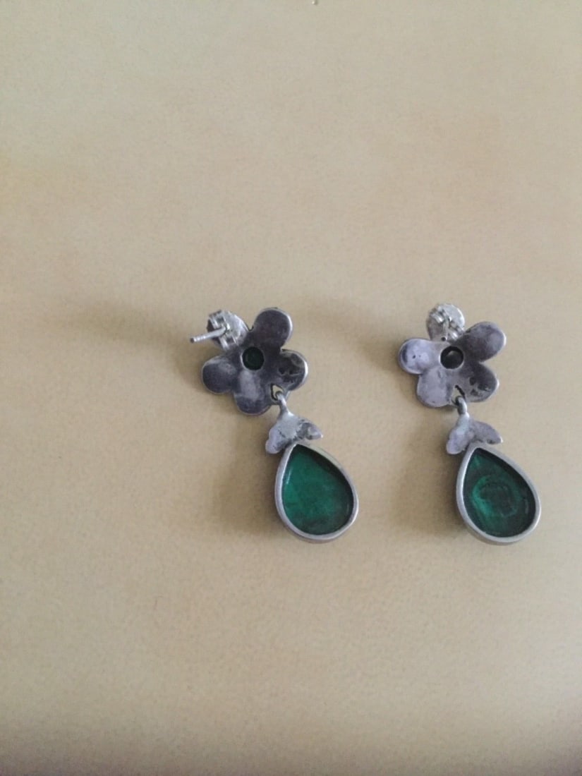 Vintage Silver Marcasite and Green Malachite Earrings - 3