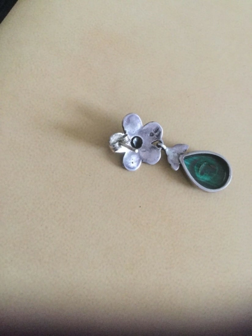 Vintage Silver Marcasite and Green Malachite Earrings - 5