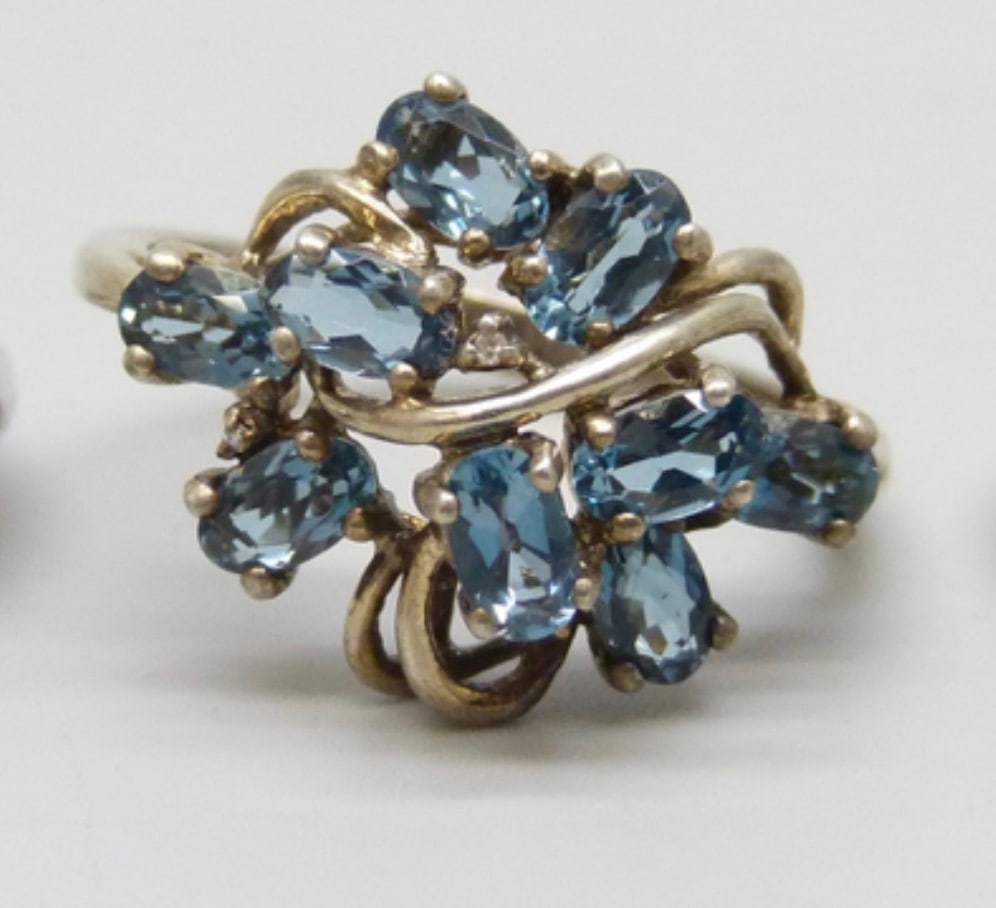 Silver Ring With Blue Stones, 4 grams, Q/R: Title: Silver Ring With Blue Stones, 4 grams, Q/R Description: Silver ring Marked 925 Blue stones Weight - 4 grams Size Q/ R Diameter - 19 mm US8 Delivery - £5 Condition: Used Delivery