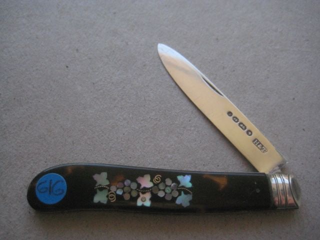 Rare Victorian Abalone Inlaid Silver Bladed Folding Fruit Knife, Birmingham 1868: Title: Rare Victorian Abalone Inlaid Silver Bladed Folding Fruit Knife, Birmingham 1868 Description: Rare Victorian Abalone Inlaid Silver Bladed Folding Fruit Knife. Hallmarked for