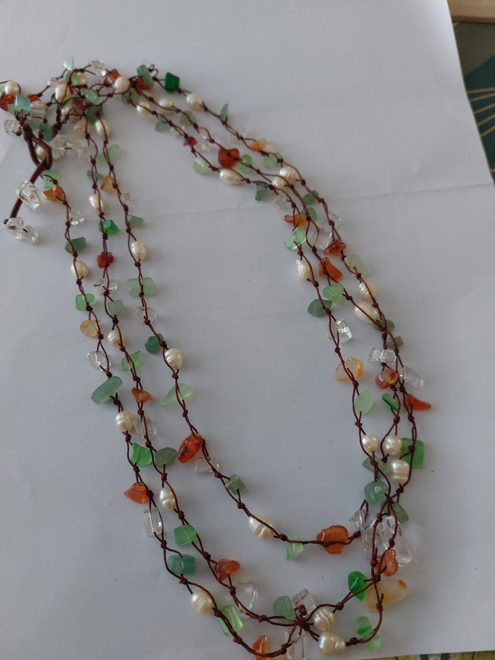 Handmade Necklace With Mineral Stones: Title: Handmade Necklace With Mineral Stones Description: Lovely hand made necklace with mineral beads and what looks like natural pearls but we cannot guarantee this. Goes into 3 strands