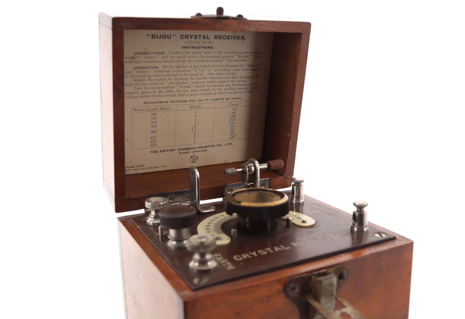 Mahogany Cased Bijou Crystal Receiver, Circa 1920: Title: Mahogany Cased Bijou Crystal Receiver, Circa 1920 Description: Mahogany Cased Bijou Crystal Receiver, Circa 1920 The hinged lid with printed instructions and makers plaque, 'The British