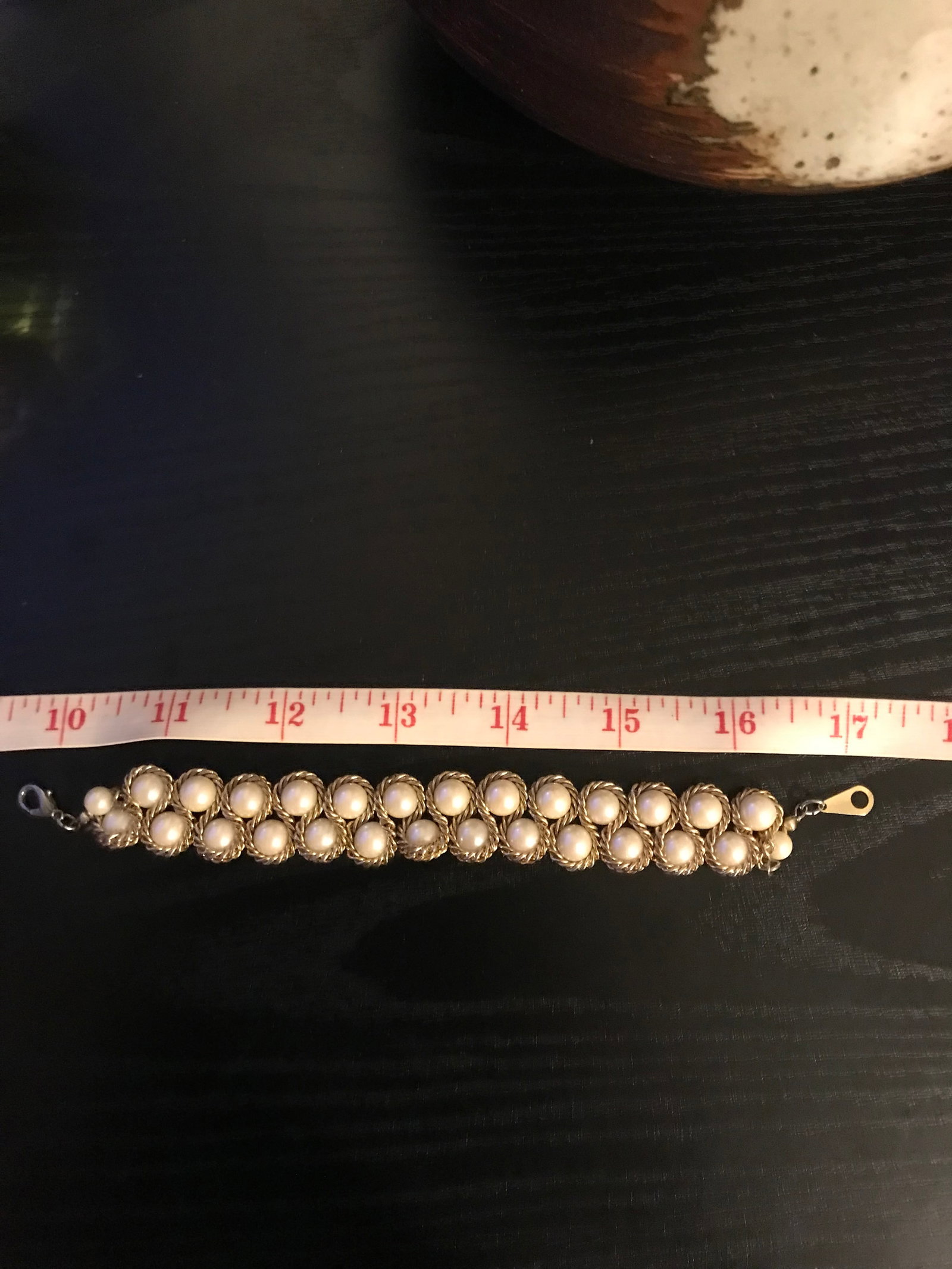 Faux Pearl Bracelet With Twisted Gold Tone Metal - 3