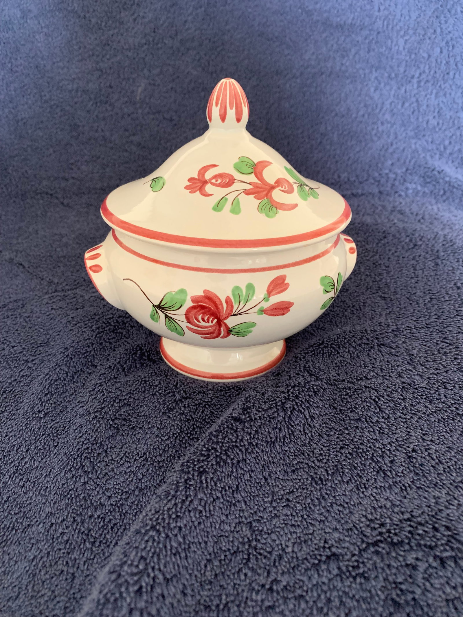 Antique French Sugar Bowl, c1920’s, Fait Main, Faiences d’Art, Strasbourg.: Title: Antique French Sugar Bowl, c1920’s, Fait Main, Faiences d’Art, Strasbourg. Description: Antique French Sugar Bowl c1920’s, GF Fait Main Pécor, Faiences d’Art,