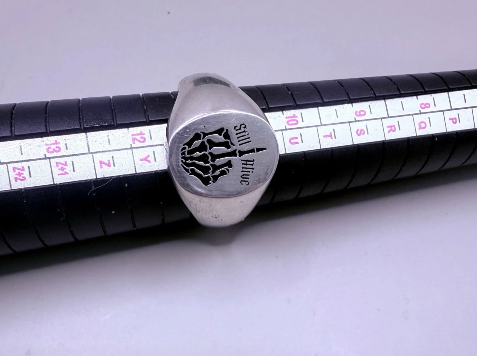 Parabellum London Still Alive Sterling Silver Handmade Signet Ring Size V.5 w16.30gm - 2