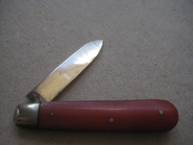 Rare Red Bakerlite Plastic Hafted Silver Bladed Folding Fruit Knife, Sheffield 1913 - 2