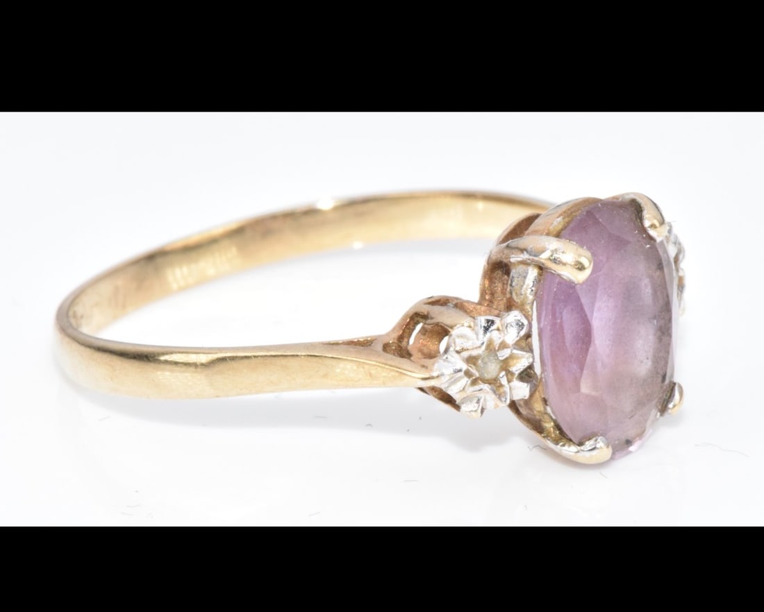 A 9ct Gold Ring Set With An Amethyst and Diamonds, 1.6g, Size N - 2