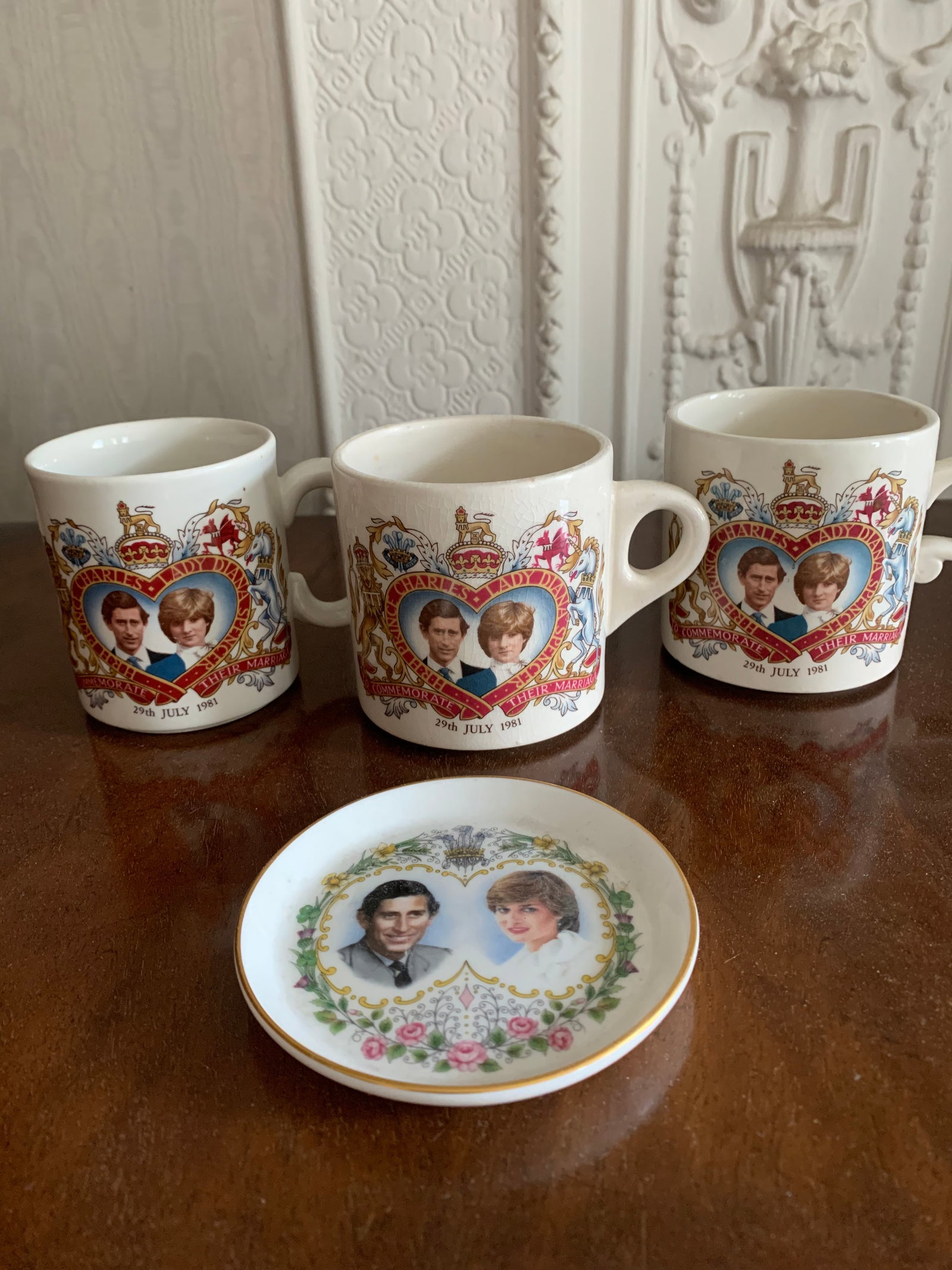 Three Charles and Diana Marriage Cups Plus Commemorative Ashtray.: Title: Three Charles and Diana Marriage Cups Plus Commemorative Ashtray. Description: Three Charles and Diana Marriage Cups plus ashtray. 29 July, 1981. Historic for royalty