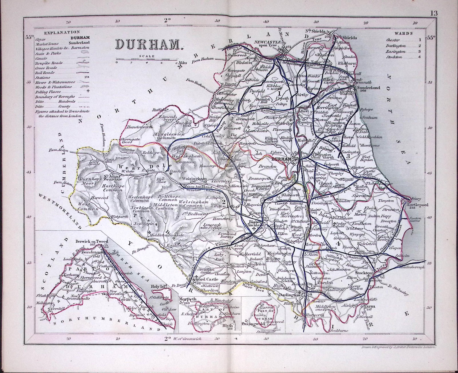 County Durham -Dugdale & Archer Antique 180 Years-Old Steel Engraved Map-7: Title: County Durham -Dugdale & Archer Antique 180 Years-Old Steel Engraved Map-7 Description: This Antique Coloured Engraved Map Has Been Removed from an Antique Edition of. Thomas Dugdale