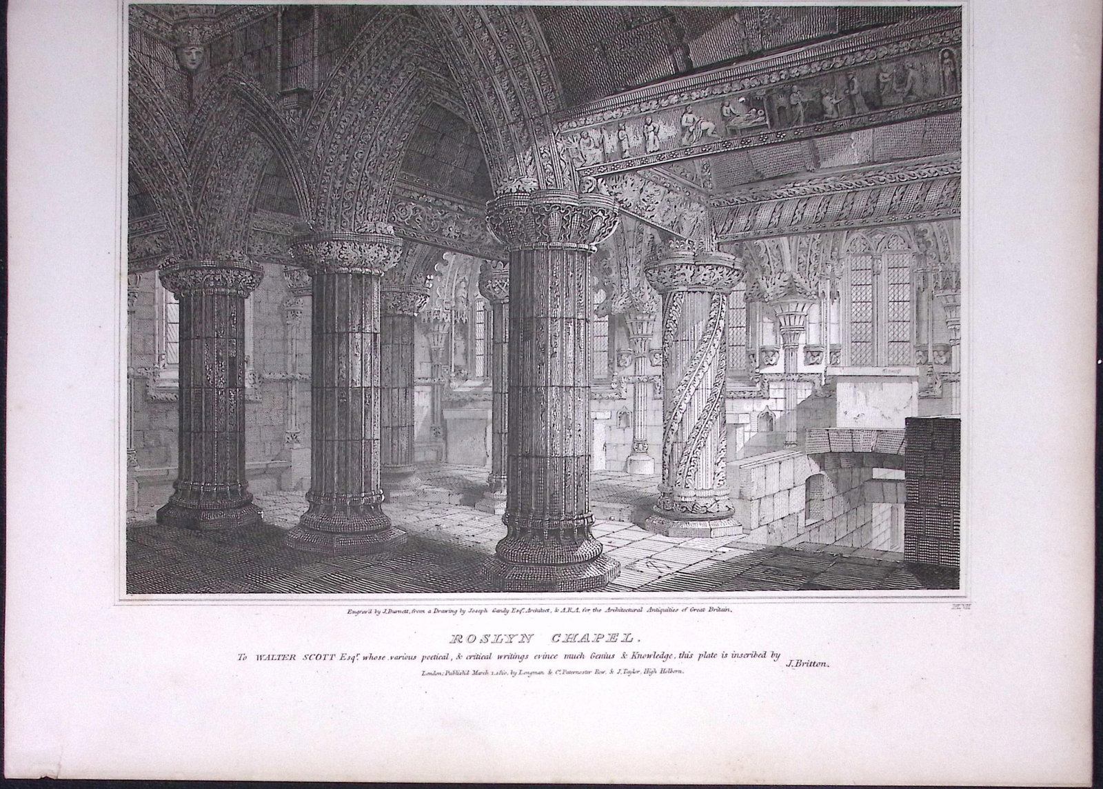 Rosslyn Chapel Scotland 190 Years-Old John Britton Antique Steel Engraving-151: Title: Rosslyn Chapel Scotland 190 Years-Old John Britton Antique Steel Engraving-151 Description: This 191 Years-Old Steel Gilt-Edged Engraved Plate Has Been Removed from an Antique Edition of.