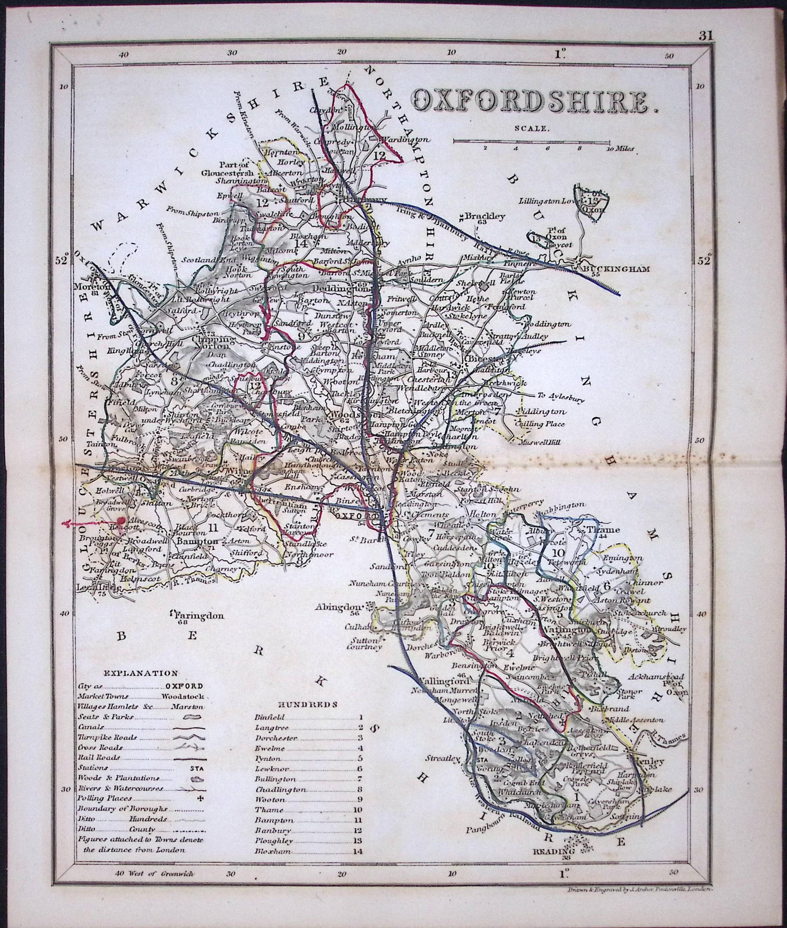 Oxfordshire-Dugdale & Archer Antique 180 Years-Old Steel Engraved Map-23: Title: Oxfordshire-Dugdale & Archer Antique 180 Years-Old Steel Engraved Map-23 Description: This Antique Coloured Engraved Map Has Been Removed from an Antique Edition of. Thomas Dugdale C