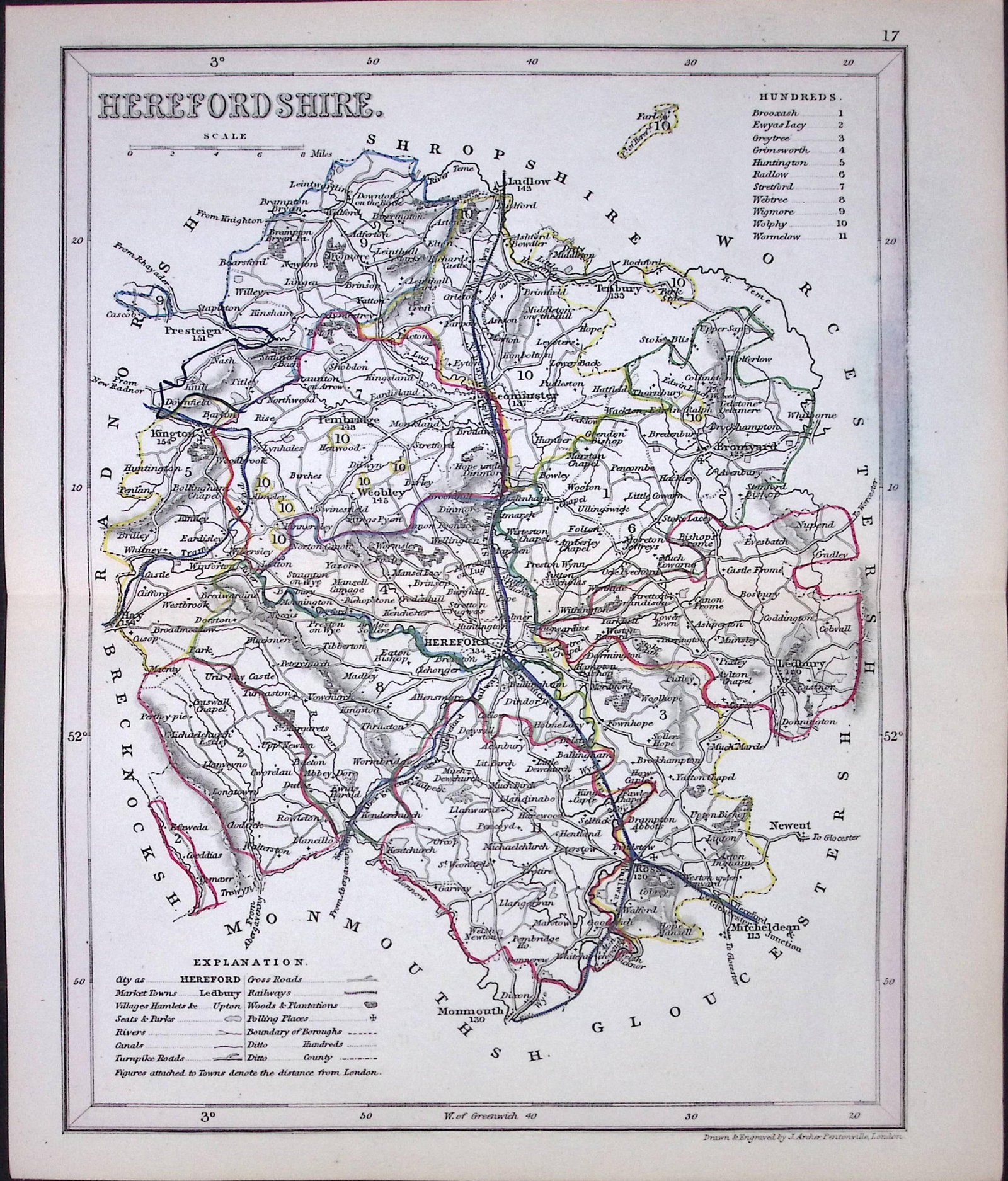 Herefordshire-Dugdale & Archer Antique 180 Years-Old Steel Engraved Map-36 (1 of 1)