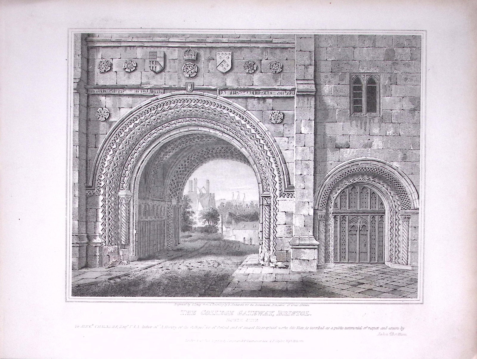 College Gateway Bristol 190 Years-Old John Britton Antique Steel Engraving-164 (1 of 1)