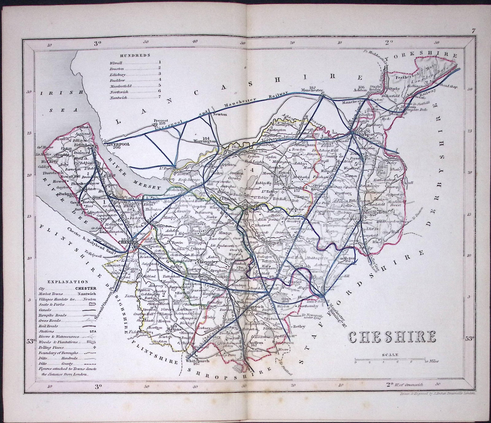 County Cheshire-Dugdale & Archer Antique 180 Years-Old Steel Engraved Map-14: Title: County Cheshire-Dugdale & Archer Antique 180 Years-Old Steel Engraved Map-14 Description: This Antique Coloured Engraved Map Has Been Removed from an Antique Edition of. Thomas Dugdale