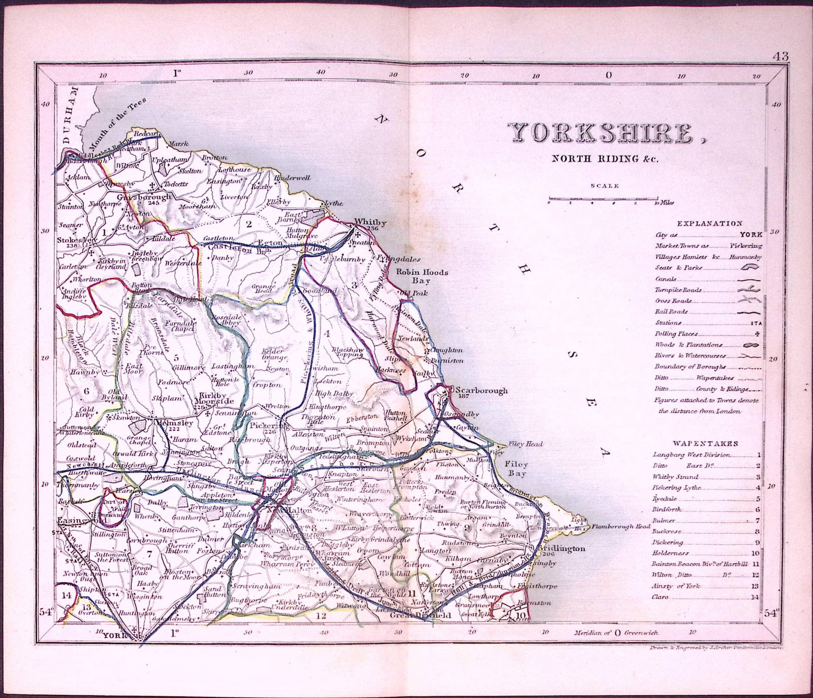 Yorkshire North Riding-Antique 180 Years-Old Steel Engraved Map-40: Title: Yorkshire North Riding-Antique 180 Years-Old Steel Engraved Map-40 Description: This Antique Coloured Engraved Map Has Been Removed from an Antique Edition of. Thomas Dugdale Curiosities of