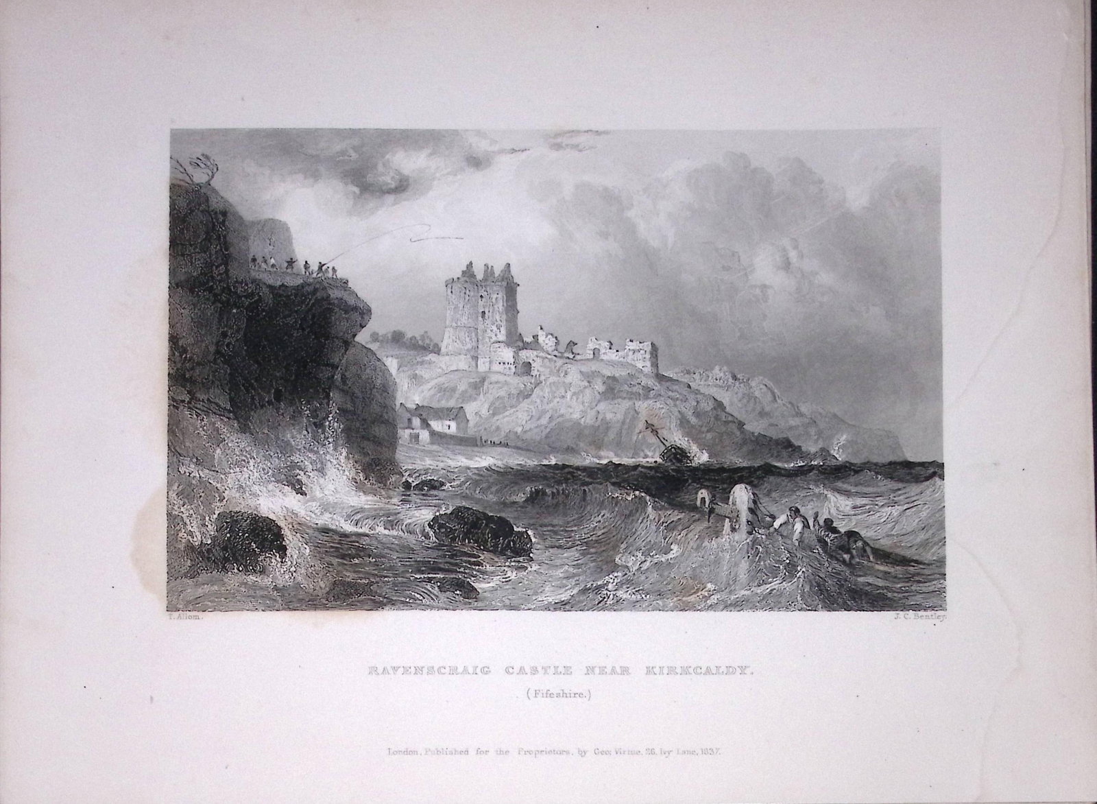 Ravenscraig Castle Kirkcaddy Scotland 188 Years-Old Antique Steel Engraving-57 (1 of 2)