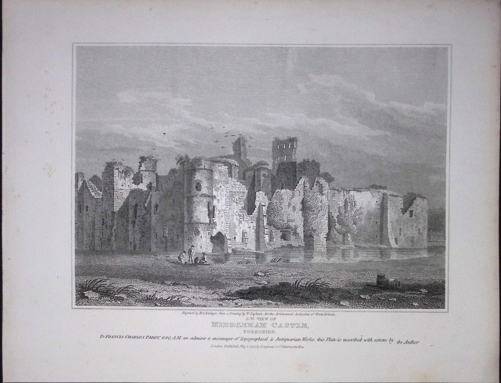 Middleham Castle Yorkshire 190 Years-Old Rare John Britton Antique Steel Engraving-106 (1 of 1)