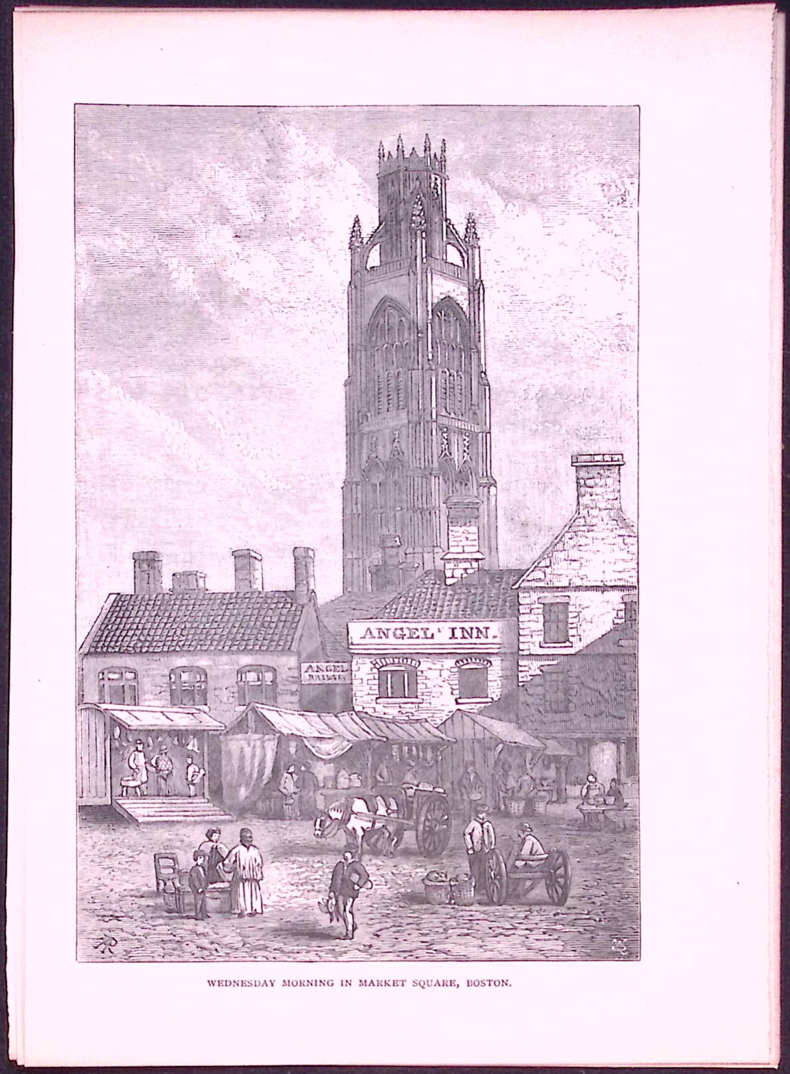 Boston Market Square Country Towns of Britain 145-Year-Old Woodcut Illustration-5: Title: Boston Market Square Country Towns of Britain 145-Year-Old Woodcut Illustration-5 Description: This 145 Years-Old Engraved Plate Has Been Removed from an Antique Edition of. Our Old Country