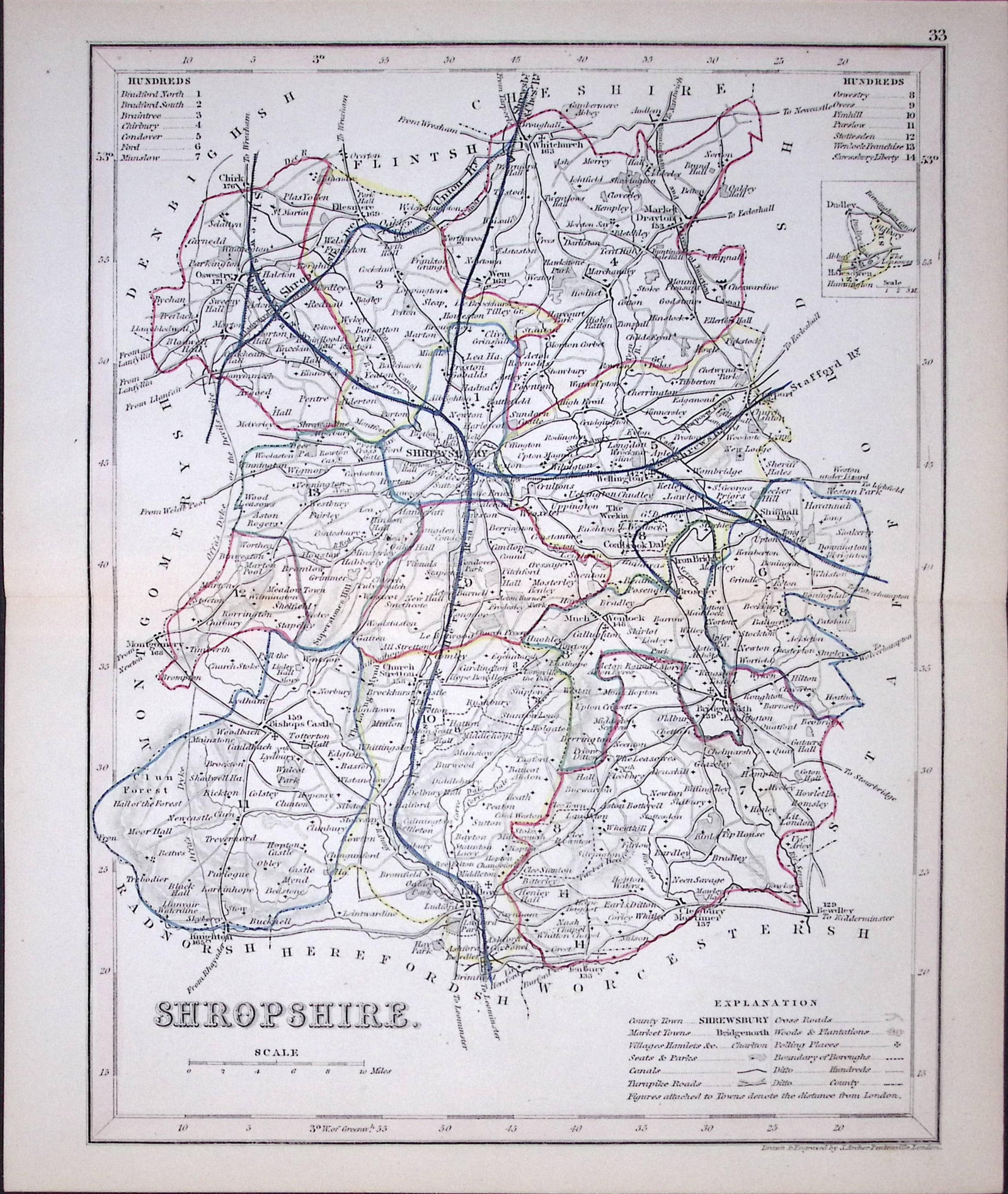 Shropshire-Dugdale & Archer Antique 180 Years-Old Steel Engraved Map-24: Title: Shropshire-Dugdale & Archer Antique 180 Years-Old Steel Engraved Map-24 Description: This Antique Coloured Engraved Map Has Been Removed from an Antique Edition of. Thomas Dugdale Cu